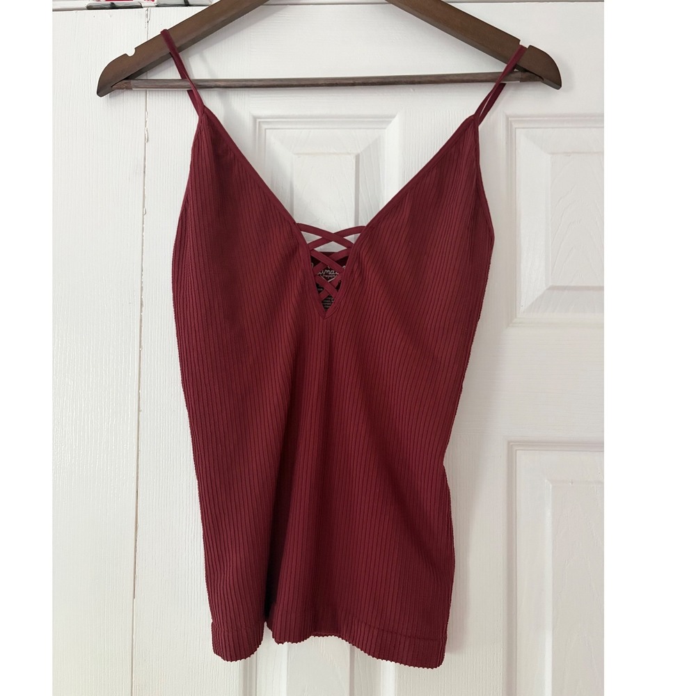 Intimately Free People Burgundy Ribbed Lattice V-Neck Cami Tank Top M/L
